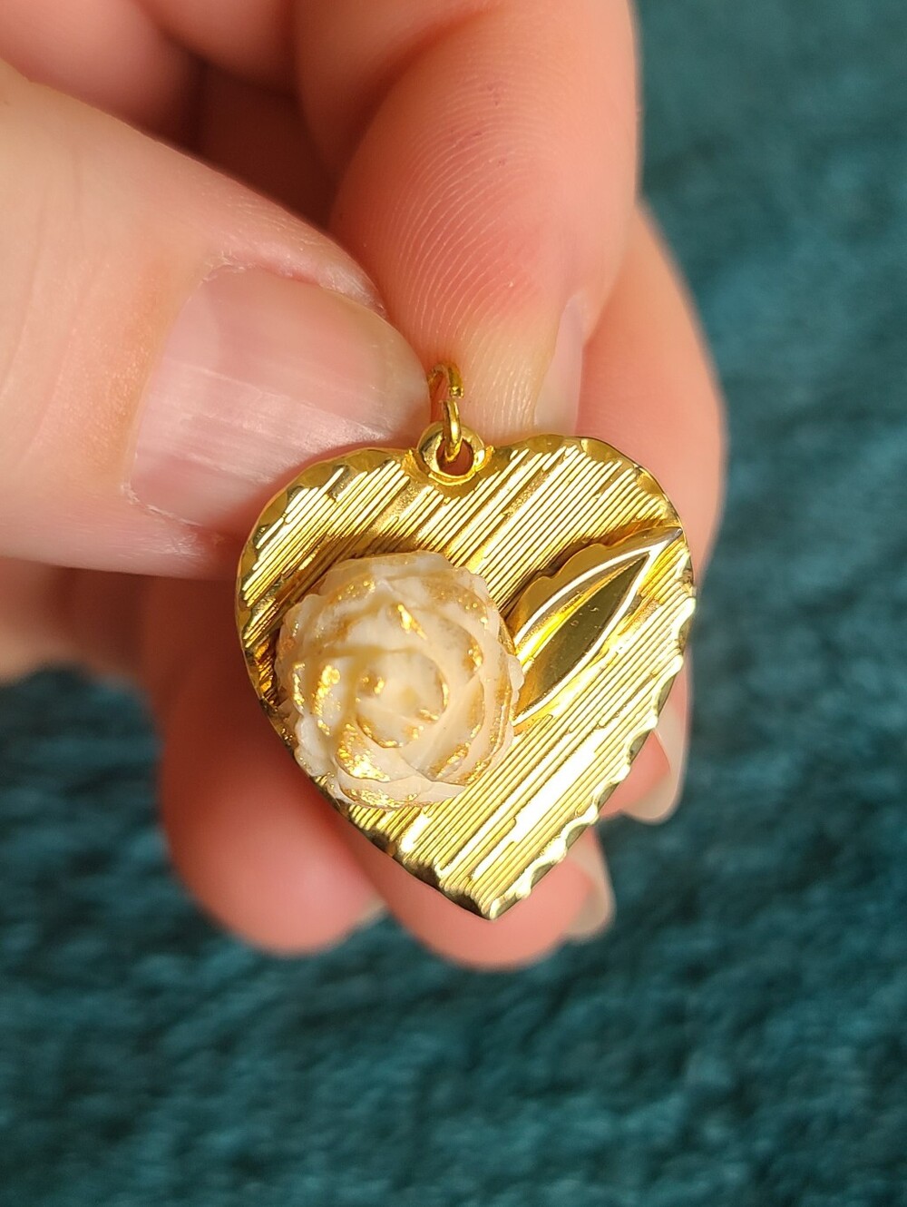 Gold Heart Pendant Charm with Bone Rose